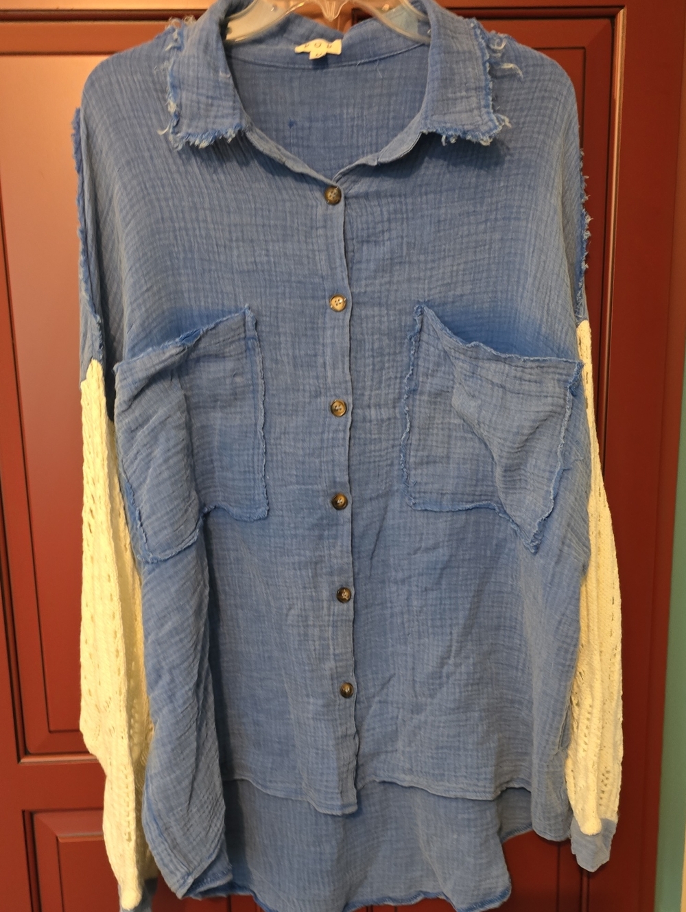 POL Blue Gauze Button-Down Shirt with Cream Knit Sleeves